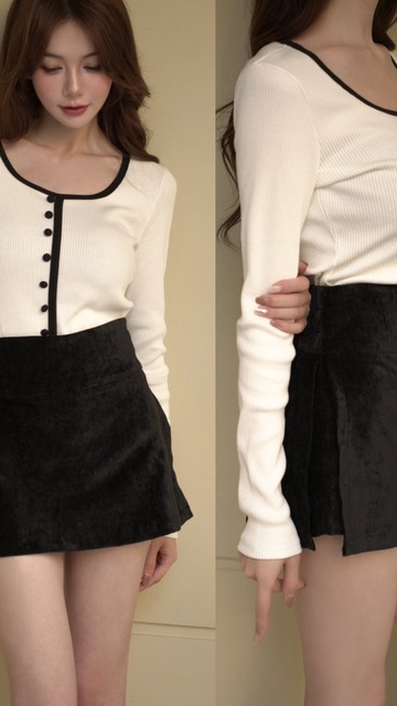 光澤感絨面絲滑開岔短褲裙(3色)