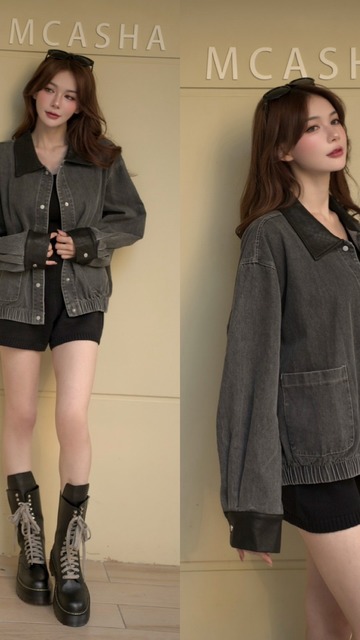 ➤時髦菱格翻領排釦牛仔外套