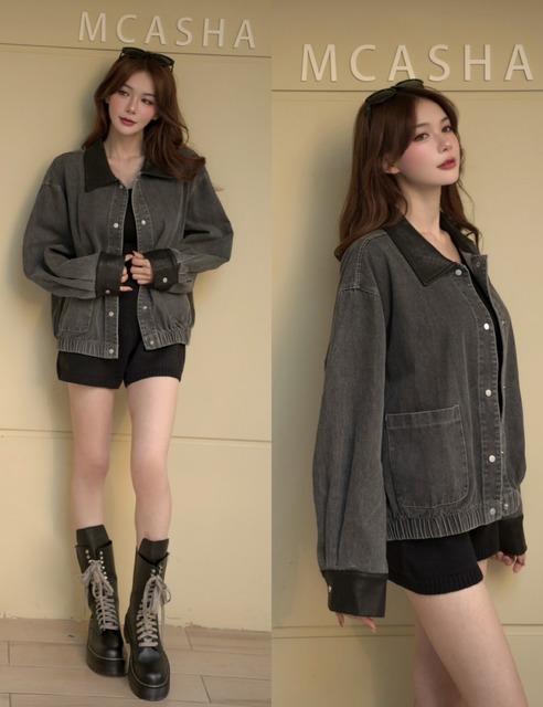 ➤時髦菱格翻領排釦牛仔外套