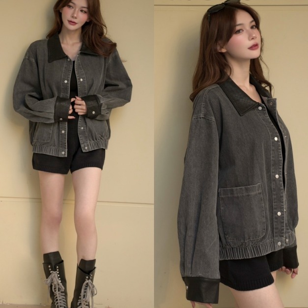 ➤時髦菱格翻領排釦牛仔外套