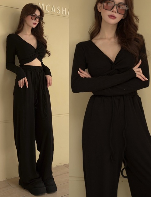 磨毛V領扭結好身材上衣搭配鬆緊抽繩寬褲