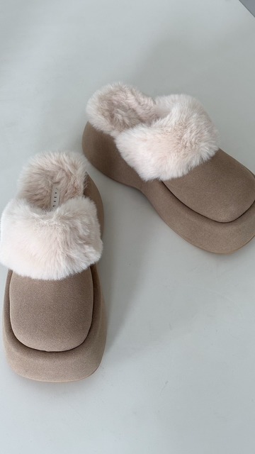 韓國麂皮拼接毛毛厚底拖35-40