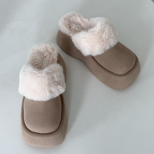 韓國麂皮拼接毛毛厚底拖35-40