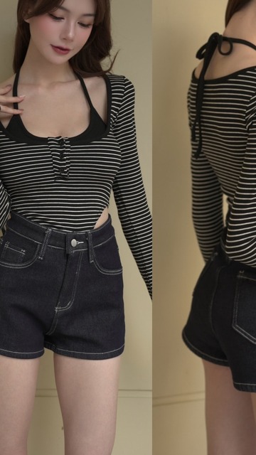 ➤綁脖胸墊橫條美式包屁衣