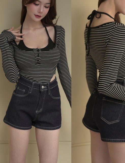 ➤綁脖胸墊橫條美式包屁衣