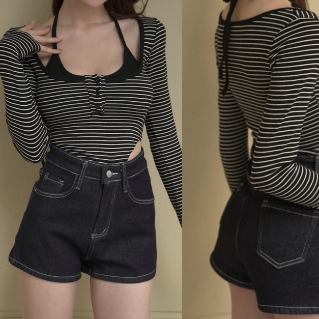 ➤綁脖胸墊橫條美式包屁衣