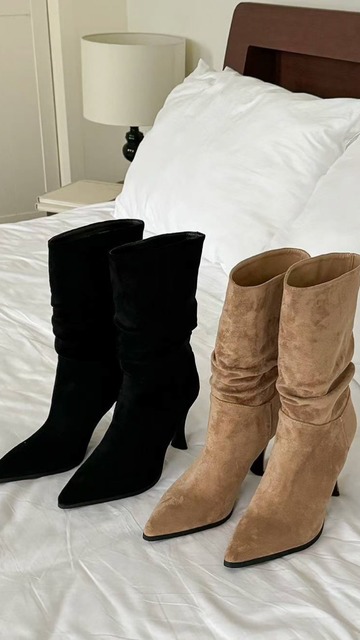 韓國麂皮尖頭高跟短靴 (2色) 36-40