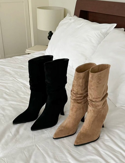 韓國麂皮尖頭高跟短靴 (2色) 36-40