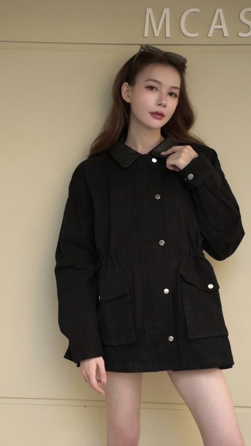 翻領撞色風衣造型長版外套(2色)