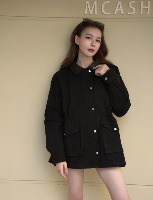 翻領撞色風衣造型長版外套(2色)