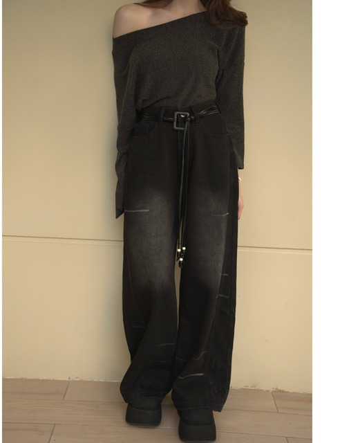 個性流蘇綁帶刷白寬褲S~L