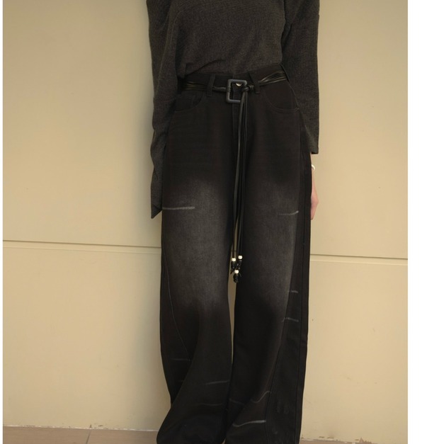 個性流蘇綁帶刷白寬褲S~L