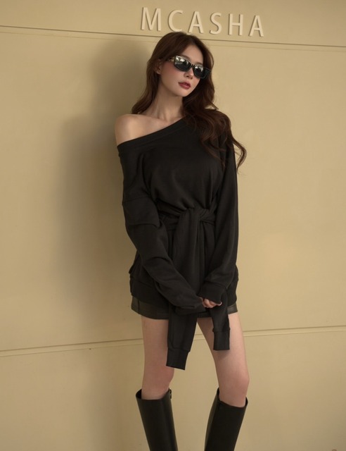 ➤寬領可斜肩一字領連身綁腰柔軟棉T(2色)