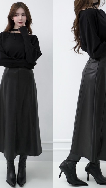 氣質A字下傘擺皮長裙S-L(2色）