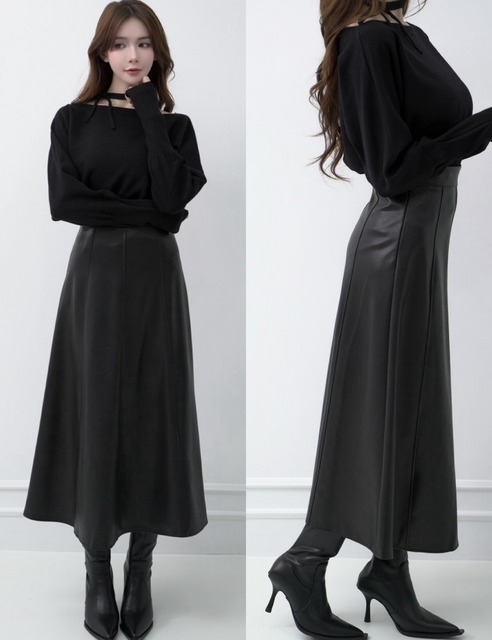 氣質A字下傘擺皮長裙S-L(2色）