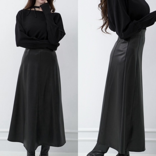 氣質A字下傘擺皮長裙S-L(2色）