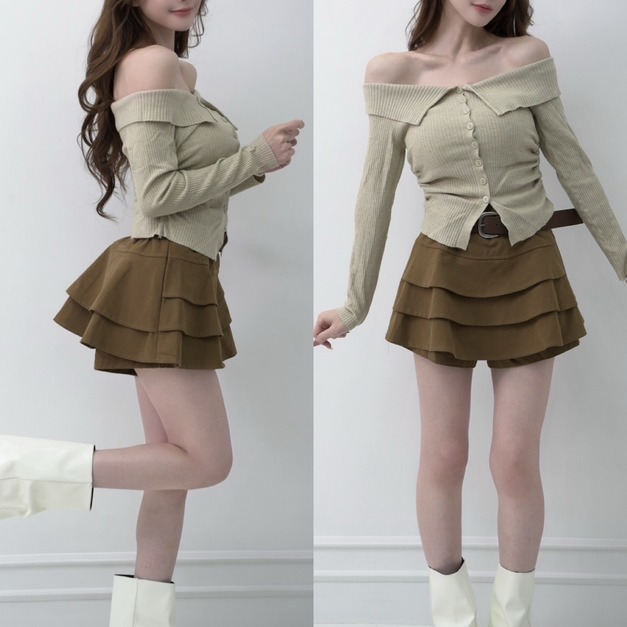 ➤絨面覆皮帶蛋糕裙S-L (2色)