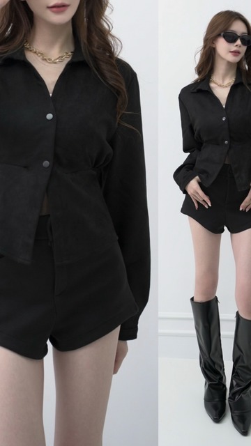 時髦麂皮後綁腰傘擺上衣（2色）