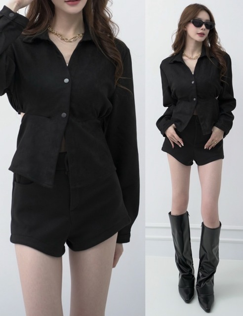 ➤時髦麂皮後綁腰傘擺上衣（2色）