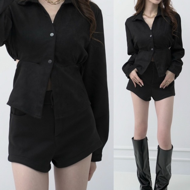 ➤時髦麂皮後綁腰傘擺上衣（2色）