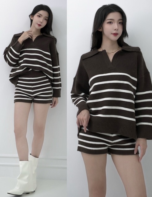 休閒條紋翻領針織上衣搭配鬆緊短褲（3色）