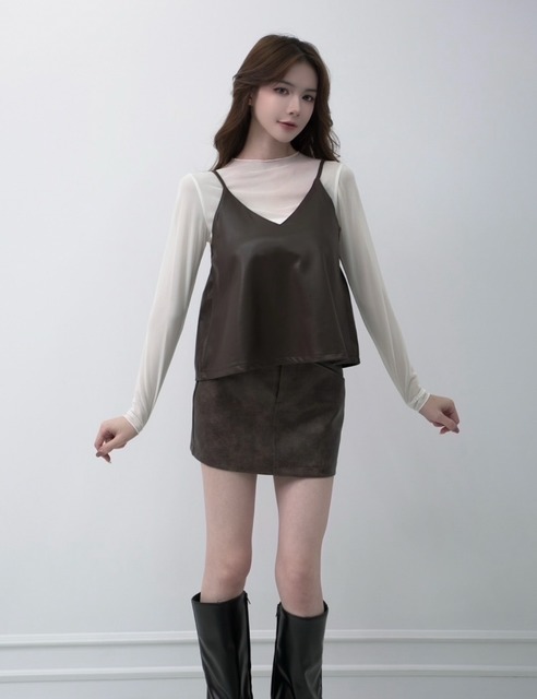 ➤時髦網紗上衣搭配皮背心(2色)