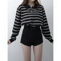 ➤條紋翻領小釦針織上衣(3色)