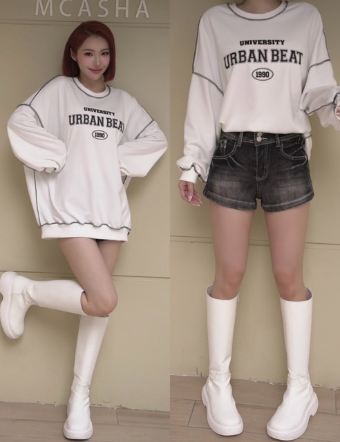 ➤休閒寬鬆車線字母毛巾大學T