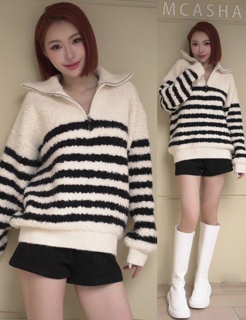 ➤正韓翻領QQ毛翻領拉鍊寬鬆毛衣(2色)