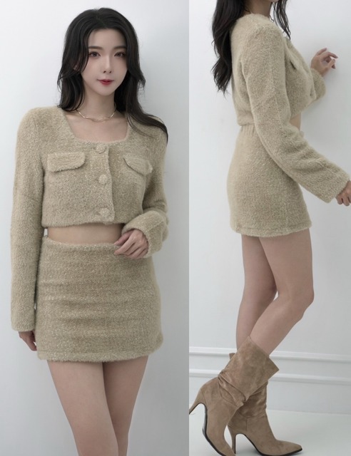 ➤水貂毛氣質方領上衣搭配鬆緊短裙