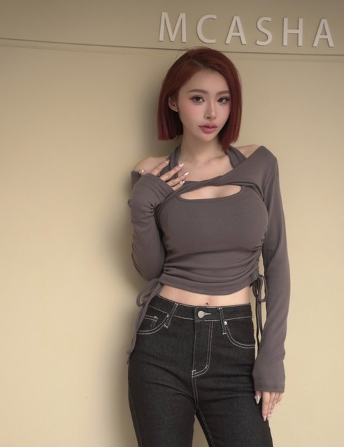 ➤時髦掛脖抽繩扭結2件套上衣(5色)