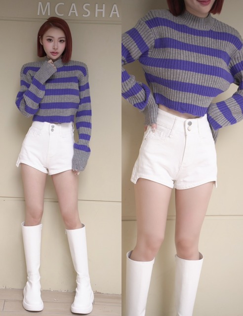 ➤正韓拼色橫條一字肩毛衣(2色)