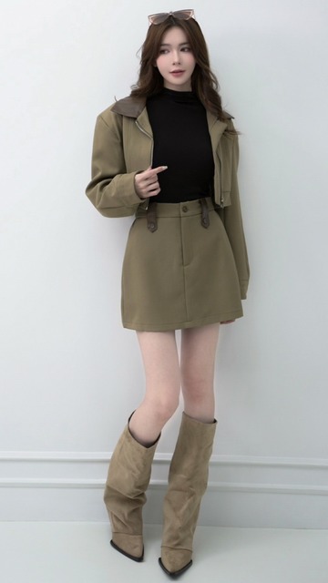 ➤皮領西裝拉鍊外套搭配A字短裙S~M (2色)