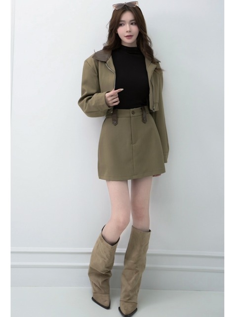 ➤皮領西裝拉鍊外套搭配A字短裙S~M (2色)