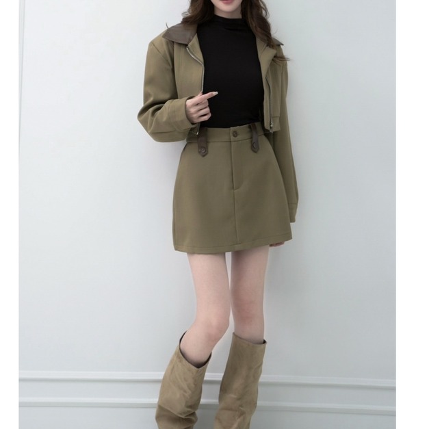 ➤皮領西裝拉鍊外套搭配A字短裙S~M (2色)