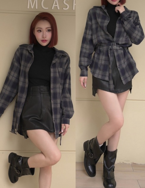 ➤百搭格紋毛呢綁帶襯衫（3色）