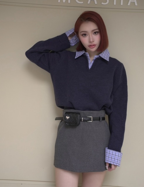 ➤小香風副皮帶小包毛呢短裙S~L (2色)