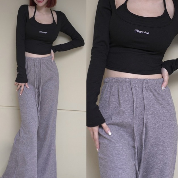 草寫胸墊長袖上衣(3色)