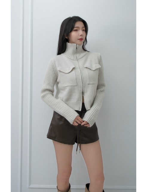 正韓雙拉鍊口袋立領針織上衣(2色)