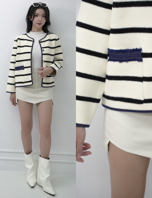 厚實毛呢橫條滾邊氣質外套