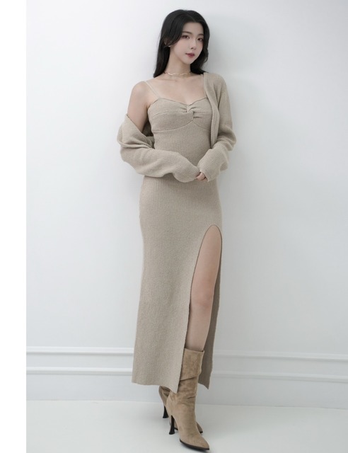 氣質針織外套搭配胸墊細肩長洋 (3色)