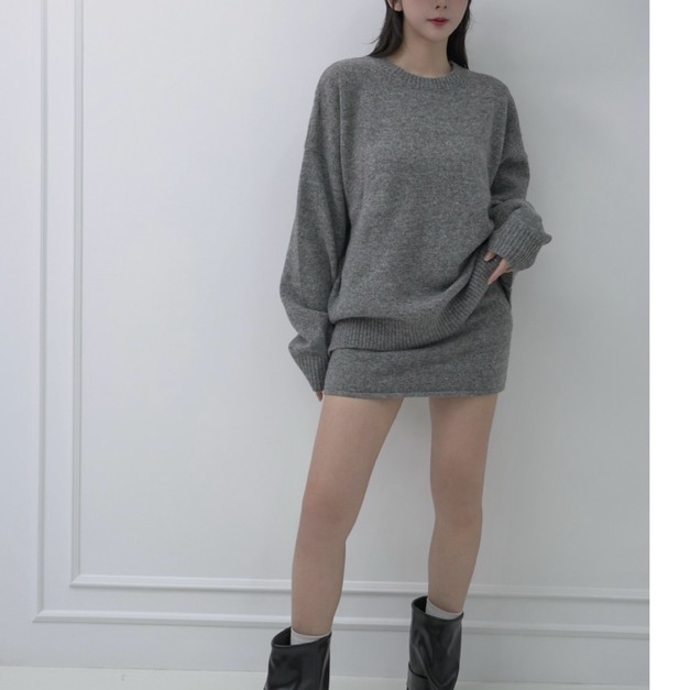 韓國寬鬆羊毛上衣搭配高腰鬆緊短裙(3色)