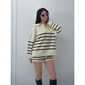休閒條紋翻領針織上衣搭配鬆緊短褲（3色）