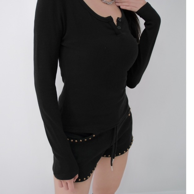 雙面磨毛長袖V領小釦上衣 (4色)