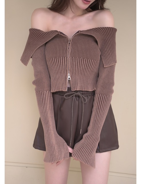 時髦水洗落肩針織拉鍊長袖短版上衣(2色)