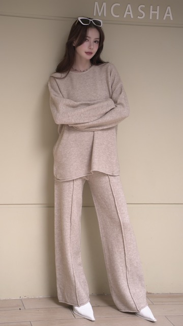 慵懶羊毛針織寬上衣搭配鬆緊針織寬褲(3色)