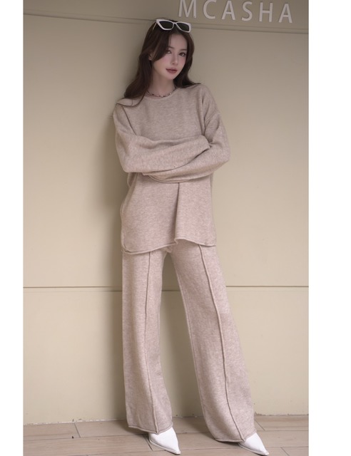 慵懶羊毛針織寬上衣搭配鬆緊針織寬褲(3色)