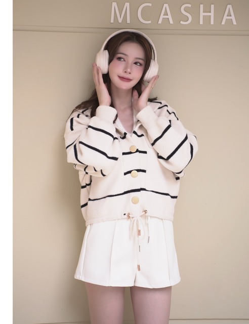 橫條厚實針織拼色連帽抽繩外套(2色)