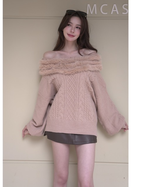 毛毛一字領防滑麻花針織短洋(2色)