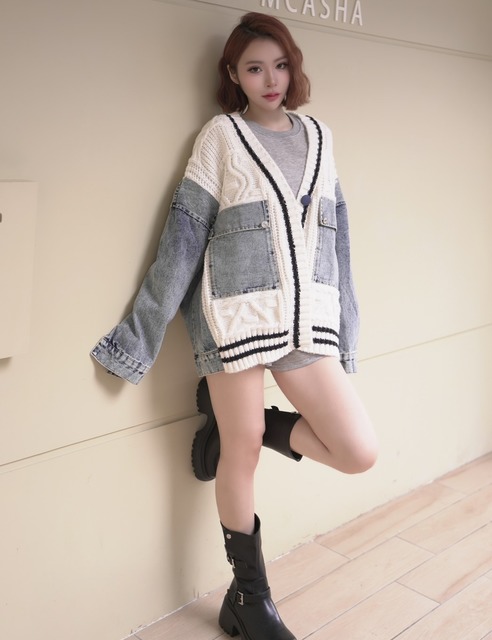 學院風拼接牛仔針織鈕釦大外套 (2色)